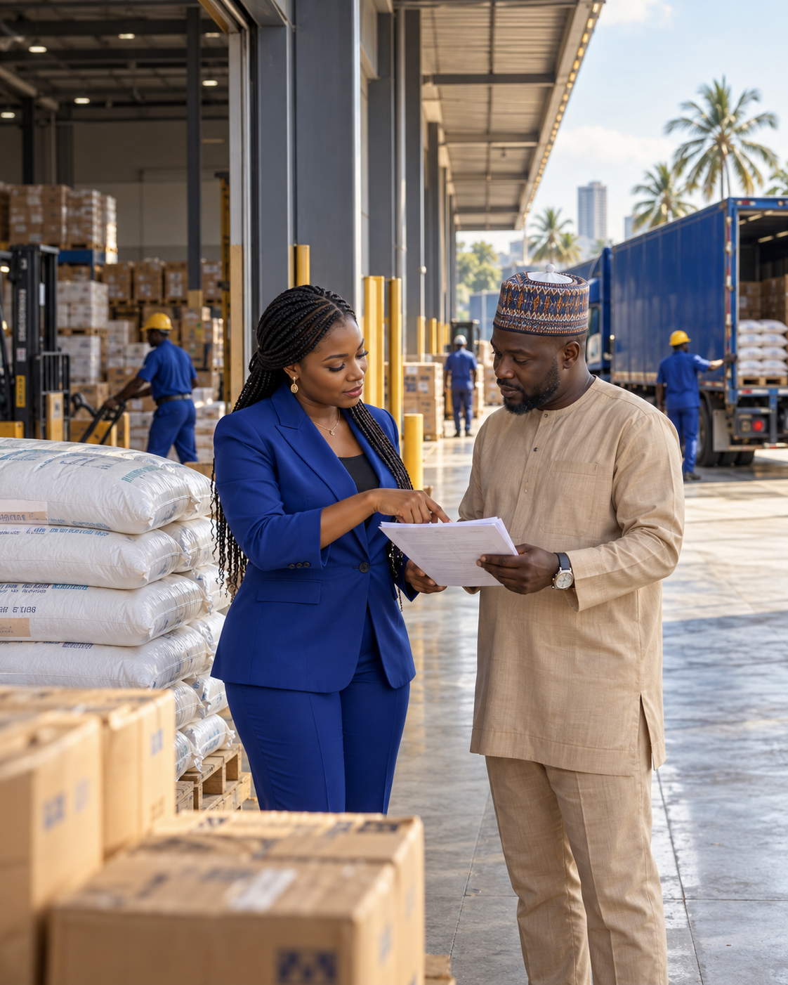 Illustrative Nigerian wholesale team reviewing a shipment at a distribution centre